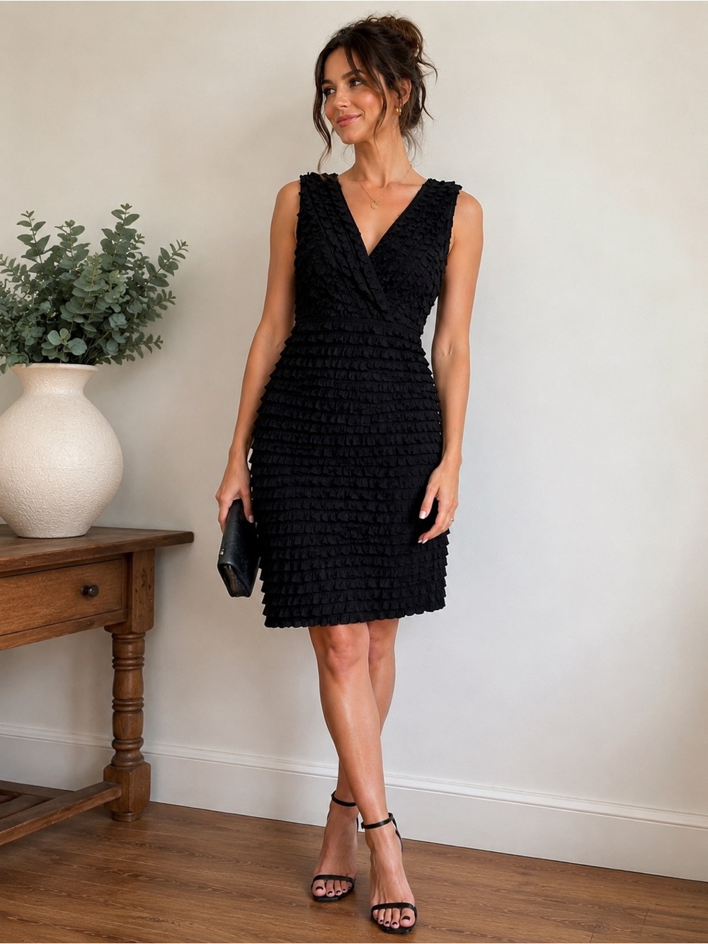 Susan Lawrence Black Textured Ruffle Tier Sleeveless Cocktail Dress XL USA